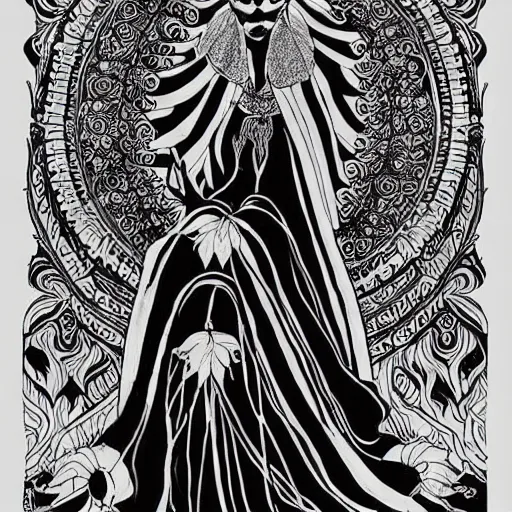 Image similar to black and white pen and ink!!!!!!! Suprani!!!!! wizard beautiful long hair Anya Taylor-Joy wearing High Royal flower print robes flaming!!!! final form flowing ritual royal!!! Contemplative stance Vagabond!!!!!!!! floating magic witch!!!! glides through a beautiful!!!!!!! Camellia!!!! Tsubaki!!! death-flower!!!! battlefield behind!!!! dramatic esoteric!!!!!! Long hair flowing dancing illustrated in high detail!!!!!!!! by Hiroya Oku!!!!!!!!! graphic novel published on 2049 award winning!!!! full body portrait!!!!! action exposition manga panel black and white Shonen Jump issue by David Lynch eraserhead and beautiful line art Hirohiko Araki!! Frank Miller, Kentaro Miura!, Jojo's Bizzare Adventure!!!! 3 sequential art golden ratio technical perspective panels horizontal per page