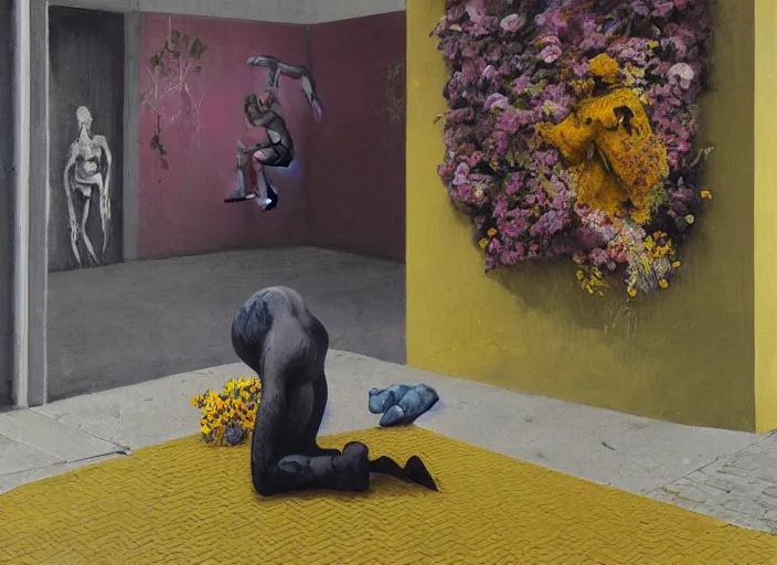 Image similar to kneeling figure in on yellow pavement, painterly, interior of bus stop, peeling posters on wall, flowers and plants growing from figure, by lisa yuskavage, francis bacon, zdzislaw beksinski, james jean