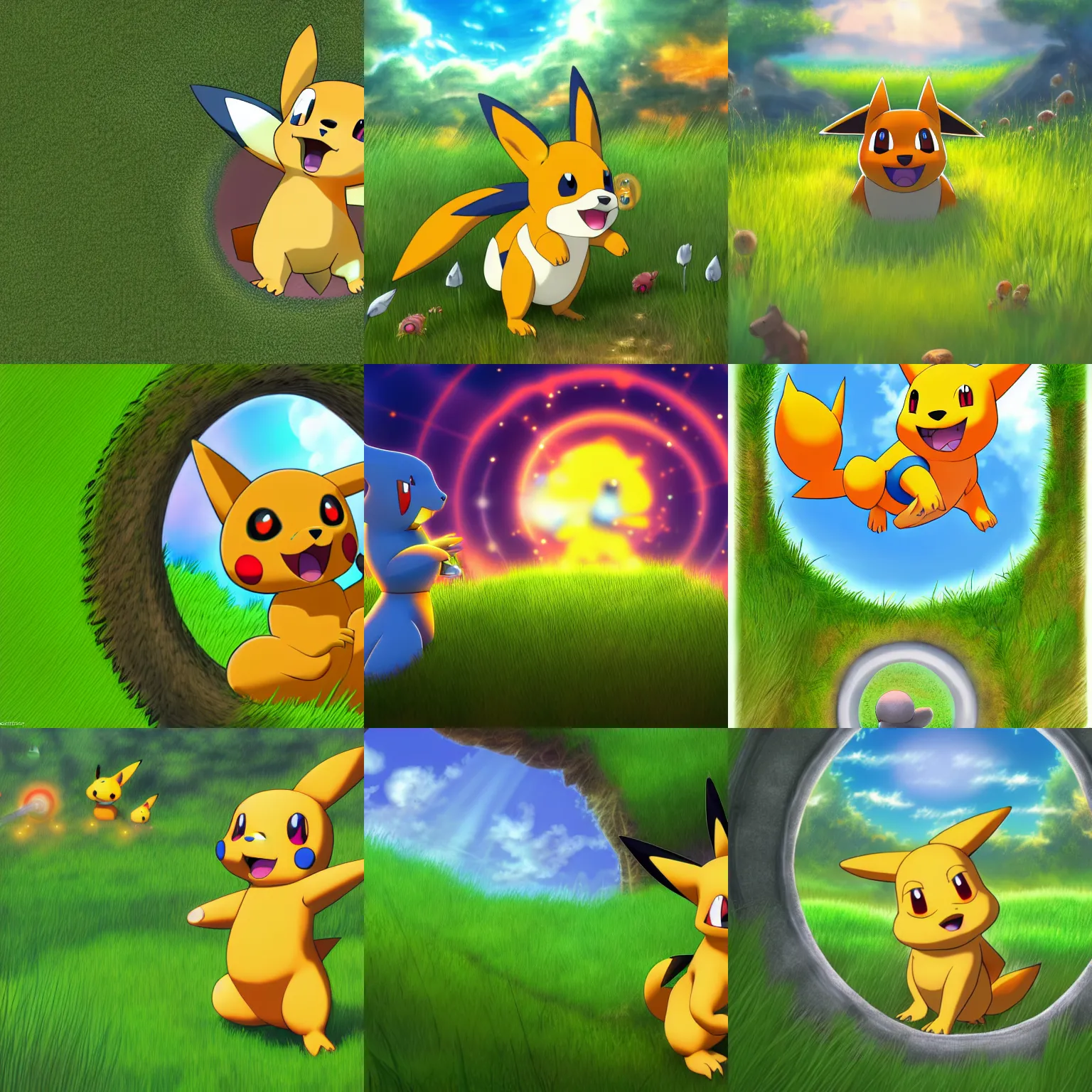 Prompt: a buizel steps through a portal onto a bright field of grass filled with other pokemon, digital art, very detailed, 8 k, hd, anime
