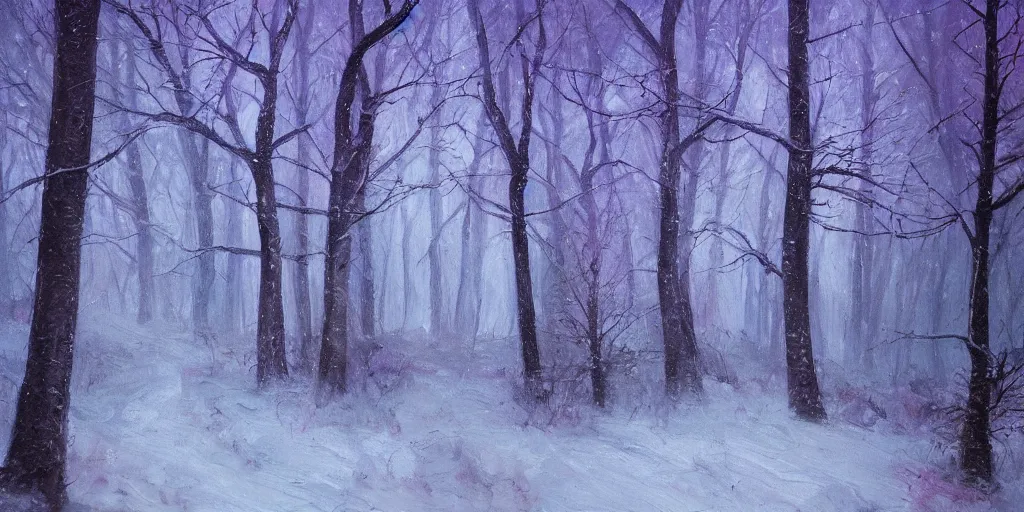 Prompt: a beautiful oil painting of a dark forest covered in snow trees with purple leaves thunderstorm in the sky blue lighting gloomy atmospheric