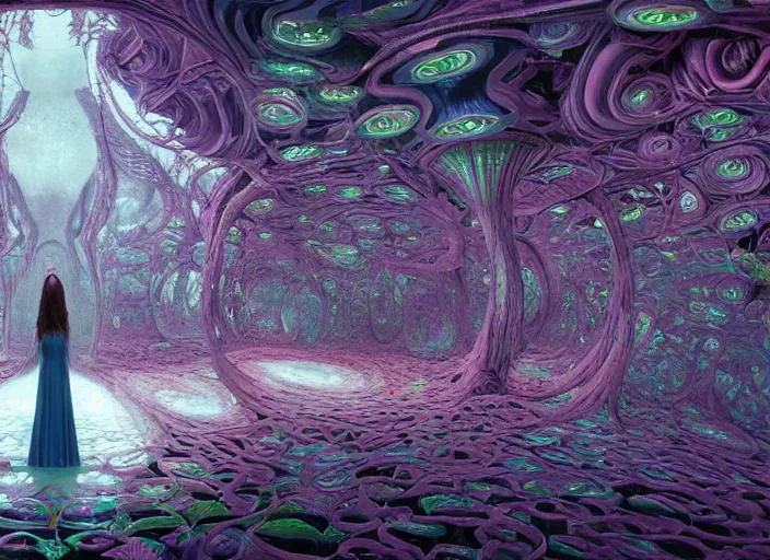 Image similar to vfx surreal 3 d portrait of alice from wonderland walking into a non - euclidean and infinite tunnel of evanescent hallucinatory images, reflections in endless mirrors, giant mushrooms, hyperdetailed, octane render, sharp focus, concept art, intricate by alex grey, greg rutkowski jeff soto and daniel merriam, dan mumford and pixar, octane render