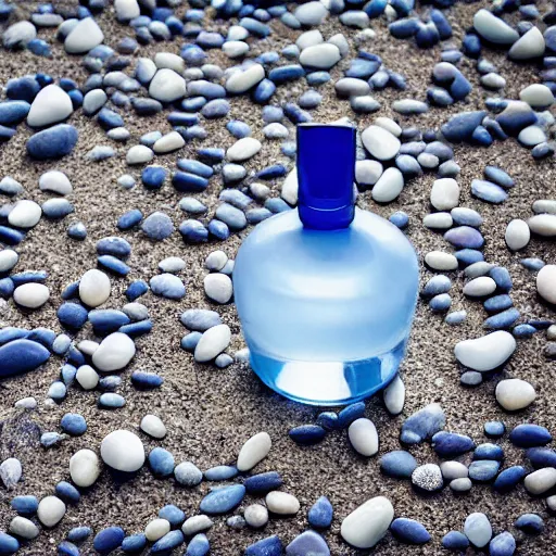 Image similar to blue perfume bottle lying on white pebbles close shot, white background, zen, light, modern minimalist f 2 0 clean and fresh