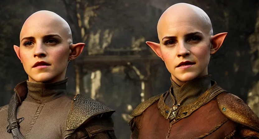 Image similar to promotional image of emma watson as a bald elf in dragon age : inquisition, hyperrealistic, detailed face, movie still, promotional image, imax 7 0 mm footage