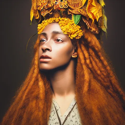 Image similar to kodak portra 4 0 0, 8 k, artstation, soft light, volumetric lighting, highly detailed, britt marling style 3 / 4 portrait photography of a beautiful woman pre - raphaelite, inspired by thandiwe muriu, royal woman wearing ornate art nouveau orchid headdress, realistic, refined, highly detailed