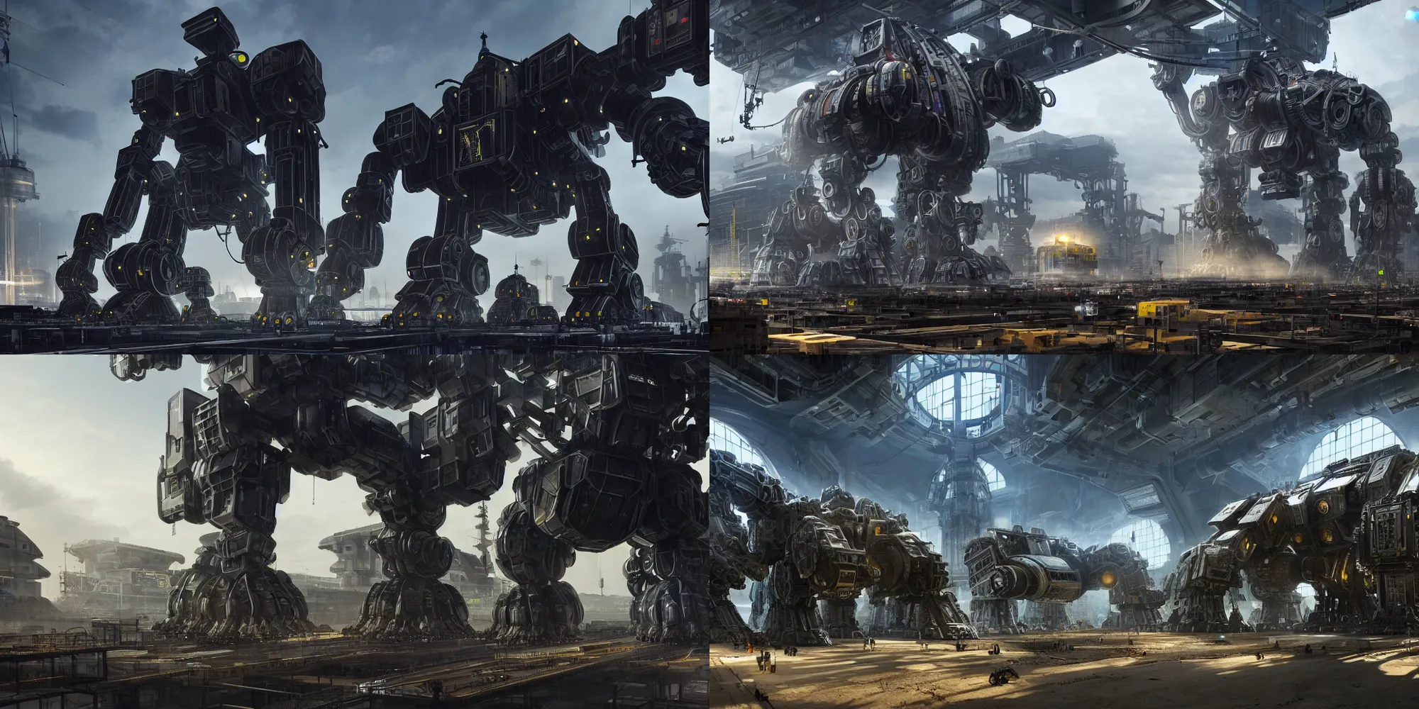 Prompt: busy repair bays of giant mechs, futuristic, automation, cinematic footage, highly detailed, intricate detail, volumetric lighting, hdr,