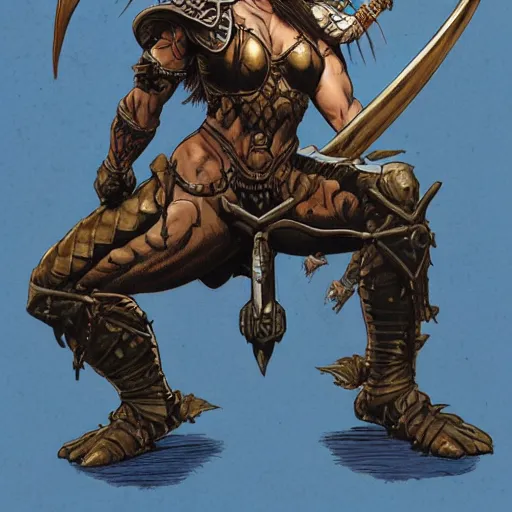 Image similar to a muscular bronze - skinned silver - eyed woman warrior wearing xena armor, holding a sword aloft, riding a flying dinosaur, highly detailed, ron cobb, moebius, heavy metal magazine, mike mignola, trending on art station, illustration, comic book