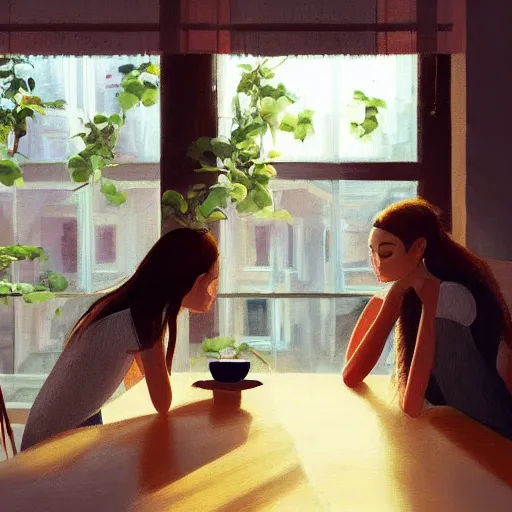 Image similar to a cozy cute cafe with tables, a big window and plants, a young pretty thin filipino woman with long hair sits with an espresso, golden morning light, dramatic light, happy cozy feelings, oil painting trending on artstation