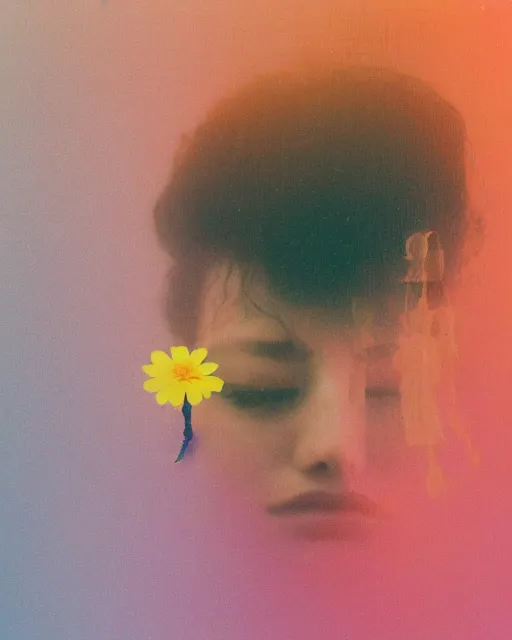 Prompt: a woman's face in the water, flowers, serene emotion, new polaroid, glitched, hazy, red, orange, yellow, soft lighting, jellyfish