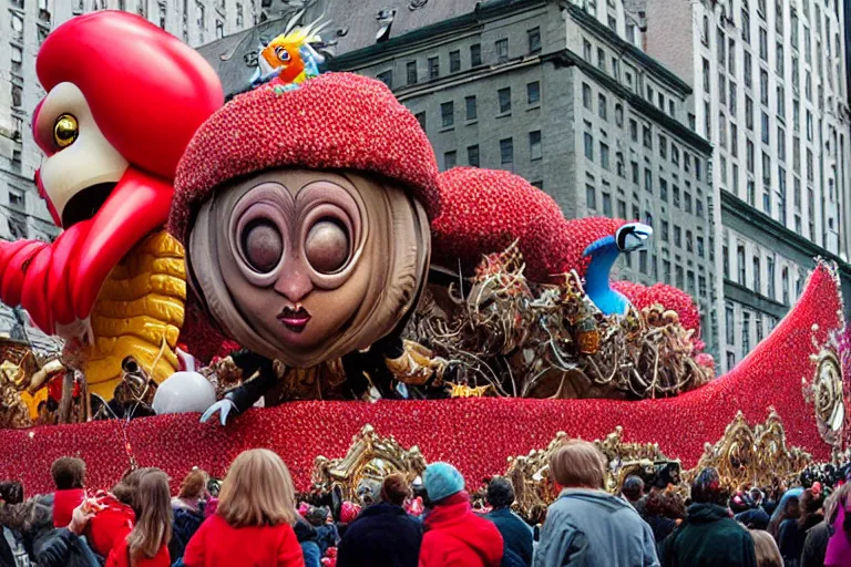 Image similar to photo of giant beautiful elaborate parade float character designed by ( ( ( ( ( ( ( ( giger ) ) ) ) ) ) ) ) and wes anderson!!!!!!!!!!!!!!, in the macys parade, detailed 4 k photo,