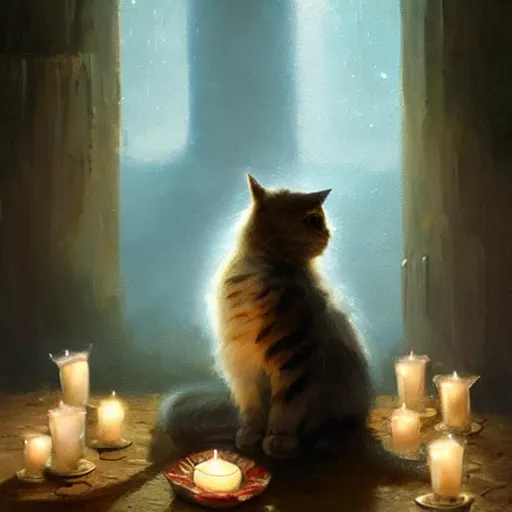 Image similar to Concept art, beautiful painting of a Ragdoll cat, shining its light among candles, 8k, james gurney, greg rutkowski, john howe, artstation