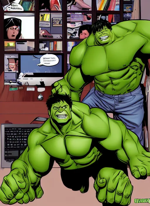 Prompt: Hulk trying to learn how to type on a computer, frustrated, vertigo comic panel, detailed, trending on artstation,