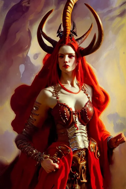 Image similar to painted close - up portrait of a very attractive red - skinned intimidating demon queen with ram horns! oil painting, wearing a noblewoman's outfit, fantasy art by john singer sargent and gaston bussiere and james jean and greg rutkowski, demon noble character design, hd