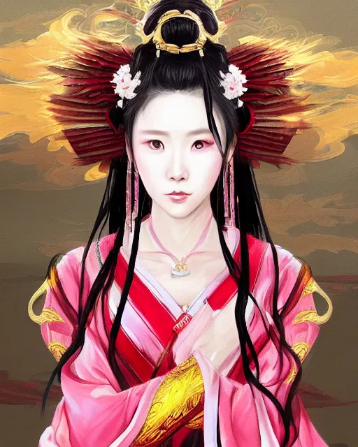 Image similar to portrait of taeyeon as diao chan from romance of three kingdoms in the paintetly style of WLOP, artgerm, brush stroke oil painting, imagine fx, artstation