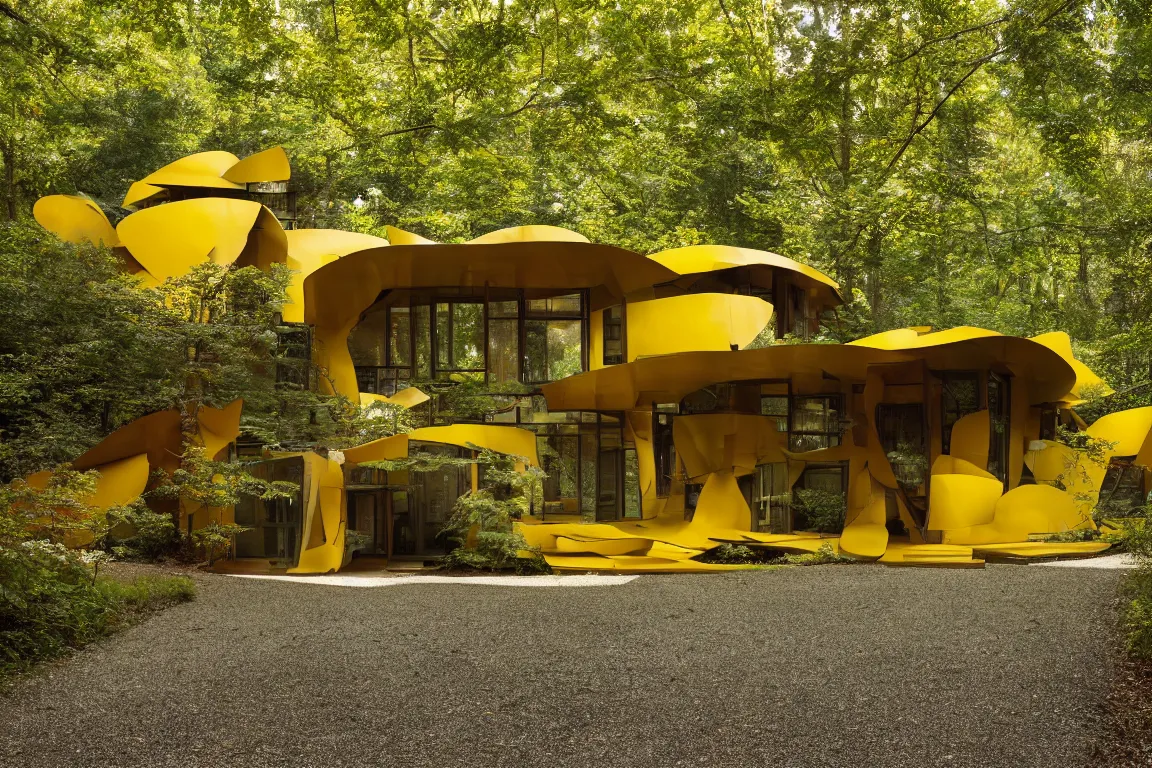 Image similar to a mid century modern house in a forest, designed by Frank Gehry. Tiles. Small gravel driveway . Film grain, cinematic, yellow hue