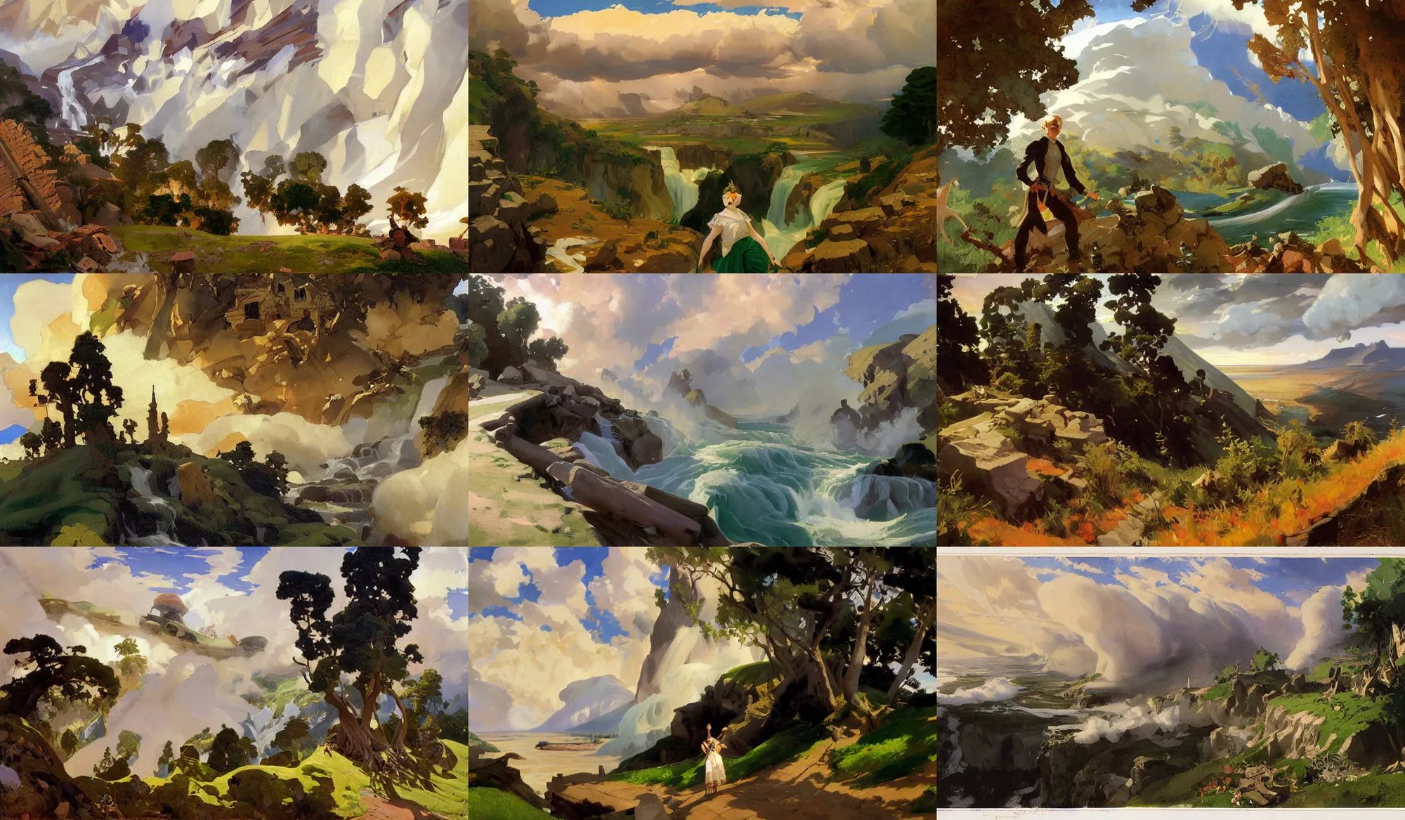 Prompt: painting by sargent and leyendecker and greg hildebrandt, james gurney, apollinaris vasnetsov, savrasov levitan polenov, studio ghibly style mononoke, huge old ruins giovanni paolo panini, middle earth above the layered low clouds waterfall road between forests big lake wide river trees sunrise sea bay view faroe azores overcast storm masterpiece