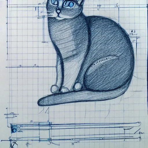 Prompt: the cat's lethargy belied an element of grace, architectural blueprint, pencil sketch drafting design, white lines on blue, detailed