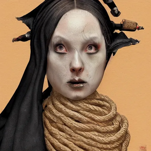 Image similar to portrait of a Shibari rope wrapped face and neck, headshot, insanely nice professional hair style, dramatic hair color, digital painting, of a old 15th century, young cyborg Rubber Nun, amber jewels, baroque, ornate clothing, scifi, realistic, hyperdetailed, chiaroscuro, concept art, art by Franz Hals and Jon Foster and Ayami Kojima and Amano and Karol Bak,