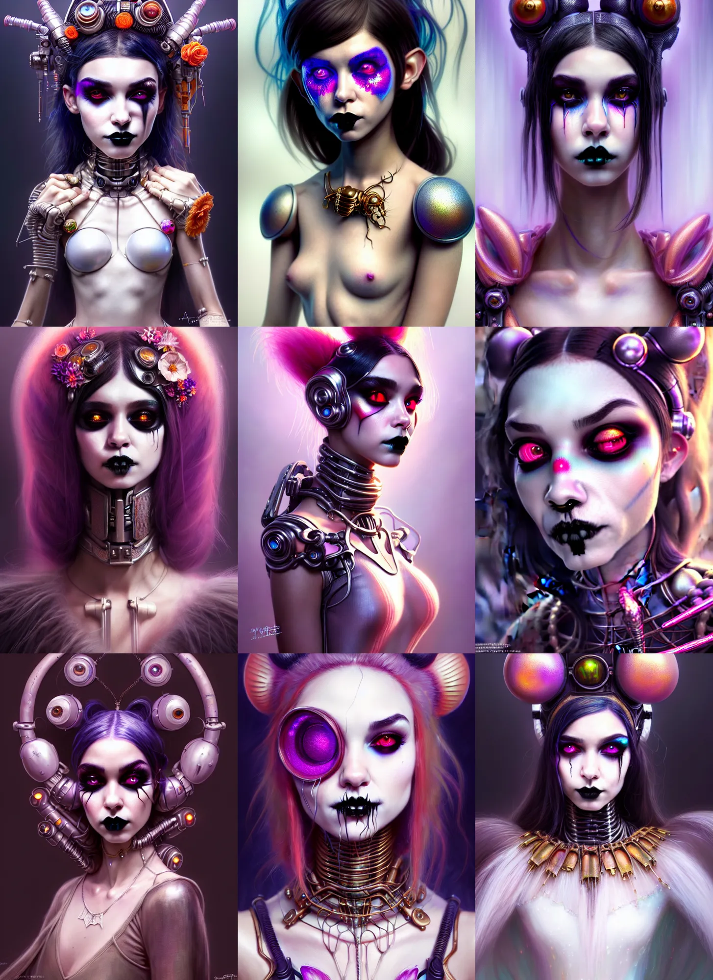 Prompt: disney weta portrait, soft lustrous biotech raver white goth clowncore madison beer cyborg, floral bling, hi - fructose, sci - fi fantasy cyberpunk intricate decadent highly - detailed digital painting, octane render, artstation, concept art, smooth, sharp focus, illustration, art by artgerm, mucha, loish, wlop, pixar