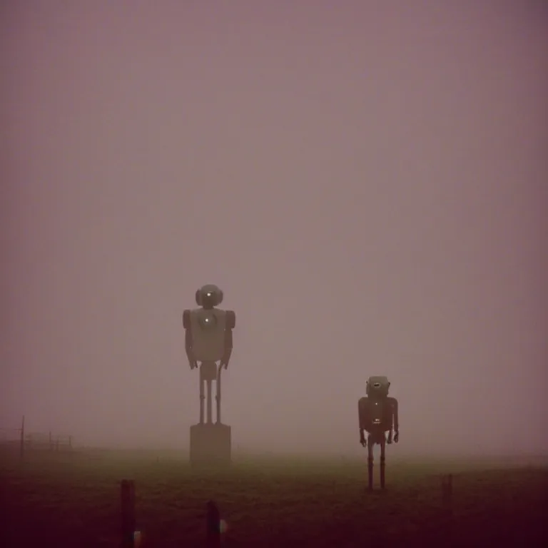 Image similar to the lanky liminal observer droid by dennis mejillones, in a brutalist yet rural landscape by simon stalenhag, 3 5 mm film photography, dawn, eerie fog