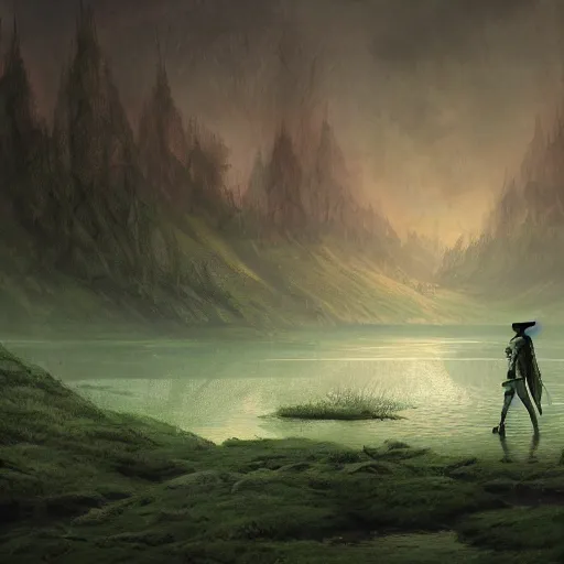 Prompt: A knight treking across a swamp with a caste in the background, green color scheme with hints of red and yellow, digital art, artstation, dramatic lighting, intricate, wild, highly detailed, digital painting, artstation, concept art, smooth, sharp focus, illustration, art by artgerm and greg rutkowski.