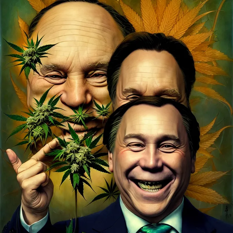 Image similar to a portrait of a happy high on cannabis premier francois legault in 2 0 2 1 illustrated by miyazaki by karol bak, james jean, tom bagshaw, rococo, sharp focus, trending on artstation, cinematic lighting, hyper realism, octane render, 8 k, hyper detailed, vivid, ultra detailed, highly detailed