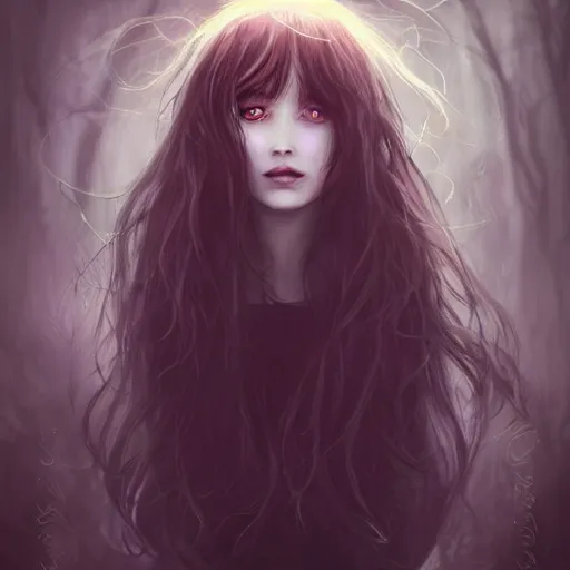 Prompt: Ethereal portrait of a creepy demonic sleep paralysis horror girl with disheveled long dark hair, long bangs, a malicious slight smile revealing fangs, big piercing eyes, dim lighting, medium shot, by artgerm and WLOP