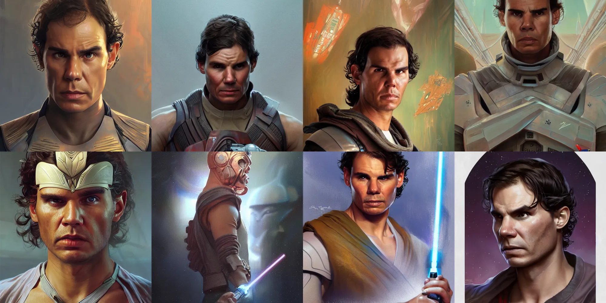 Prompt: Rafael Nadal Star Wars movie character, highly detailed, digital fantasy character, painted portrait, artstation, concept art, hard focus, illustrations, works by artgerm and Greg Rutkowski, Alphonse Mucha and Craig Mullins, James Jean, Andrey Ryabovichev, Mark Simonetti and Peter Morbacher, 16k,