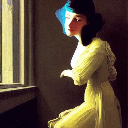 Prompt: young woman's face, her hair is white and she wears a cobalt blue duchesse satin cloak, by syd mead and moebius and roger dean and gaston bussiere and ivan aivazovsky and willem claesz and pieter claesz and paul delaroche and alma tadema and aelbert cuyp, hyperrealistic, volumetric light, octane