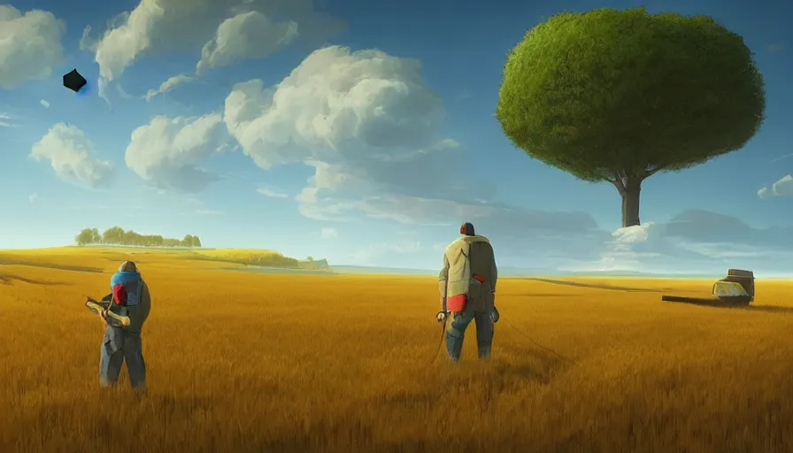 Image similar to floating hexagon in the sky, wheat field harvesting, big tree, person, matte painting, art station, blue sky, simon stalenhag