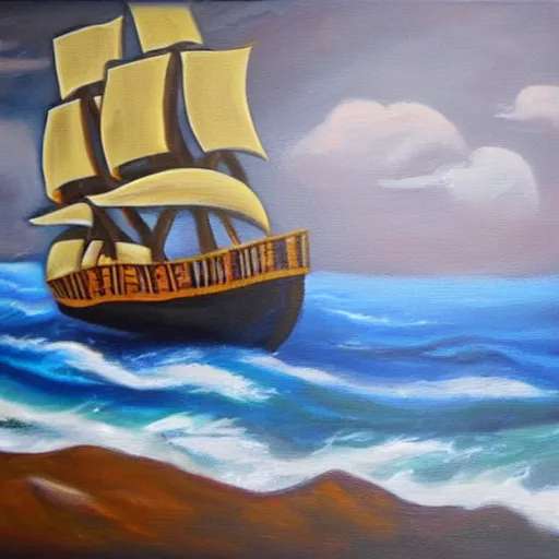 Prompt: pirate ship sailing on stormy seas, oil on canvas, vivid colors,