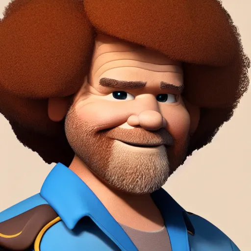 Image similar to bob ross as a disney character from up ( 2 0 0 9 ), octane render, 3 d render, photorealistic