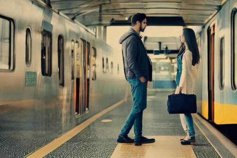 Prompt: vfx movie couple in a train station flat color profile cinematography