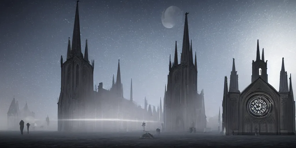 Image similar to a huge delicate metal Sundial in the moonlight, Behind the tall and delicate gothic church at night, with ghosts floating in the foreground, light through the mist, dramatic lighting, photorealistic, cinematic lighting, high detail, cinematic feel, high octane, 4K, Unreal Engine, digital render, intricate, ultra realistic