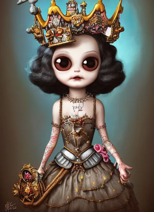 Image similar to highly detailed closeup, profile portrait of a tin toy goth anthro pug princess wearing a crown, unreal engine, nicoletta ceccoli, mark ryden, earl norem, lostfish, global illumination, detailed and intricate environment