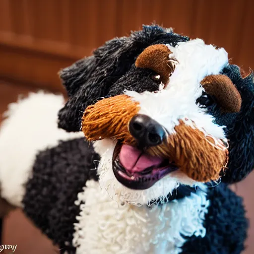 Image similar to a closeup photorealistic photograph of a cute smiling knitted bernedoodle judge dog dressed in a black gown, presiding over the courthouse. indoors, professional capture, well lit shot. this 4 k hd image is trending on artstation, featured on behance, well - rendered, extra crisp, features intricate detail, epic composition and the style of unreal engine.