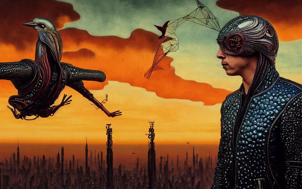 Prompt: realistic detailed portrait movie shot of a birdman wearing leather jacket, futuristic city sunset landscape background by denis villeneuve, amano, yves tanguy, alphonse mucha, ernst haeckel, max ernst, roger dean, rich moody colours, cinematic