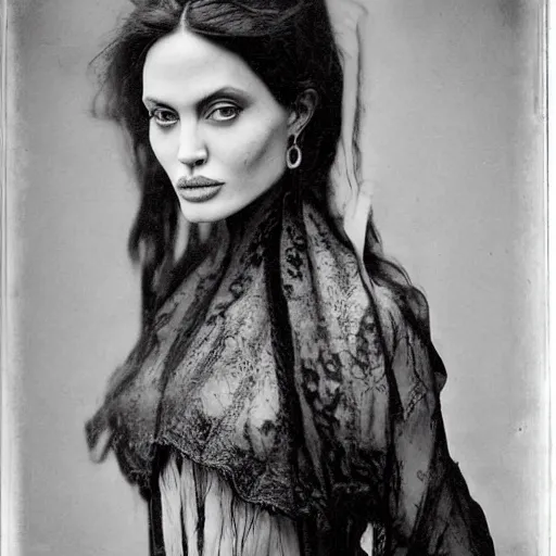 Image similar to victorian photograph of angelina jolie, 1 8 9 0 s photography, 1 9 0 0, graceful, realistic face, symmetrical face, studio photograph, grainy, edwardian, old photo