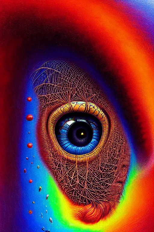 Image similar to hyperrealistic abstract close-up Renaissance psychedelic!! celestial happy! pure creature!! peaceful! kind spirit of nature! beautiful fractal!! eyes! highly detailed concept art eric zener elson peter cinematic hard rainbow lighting high angle hd 8k sharp shallow depth of field endless, inspired by Zdzisław Beksiński Salvador Dali