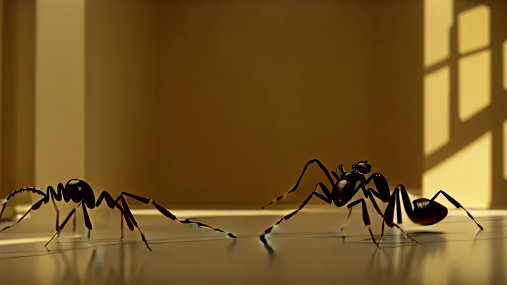 Prompt: the giant ant in the living room, film still from the movie directed by Denis Villeneuve with art direction by Salvador Dalí, wide lens