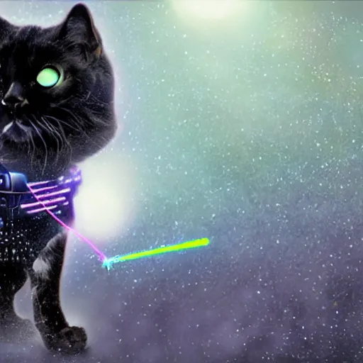 Prompt: cyborg cat with laser guns drawn in the blizzard style artists
