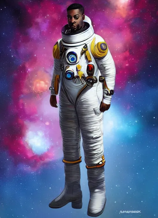 Prompt: handsome african-american man in an advanced spacesuit floating in front of exploding nebulae, digital illustration trending on artstation by artgerm and rutkowski