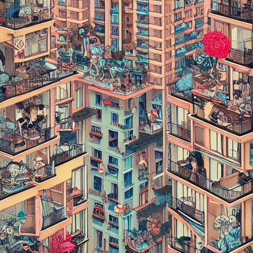 Image similar to crazy apartments, extremely detailed, sharp focus, wide view, full body shot, smooth, digital illustration, by james jean, by rossdraws, frank franzzeta, mcbess, sakimichan