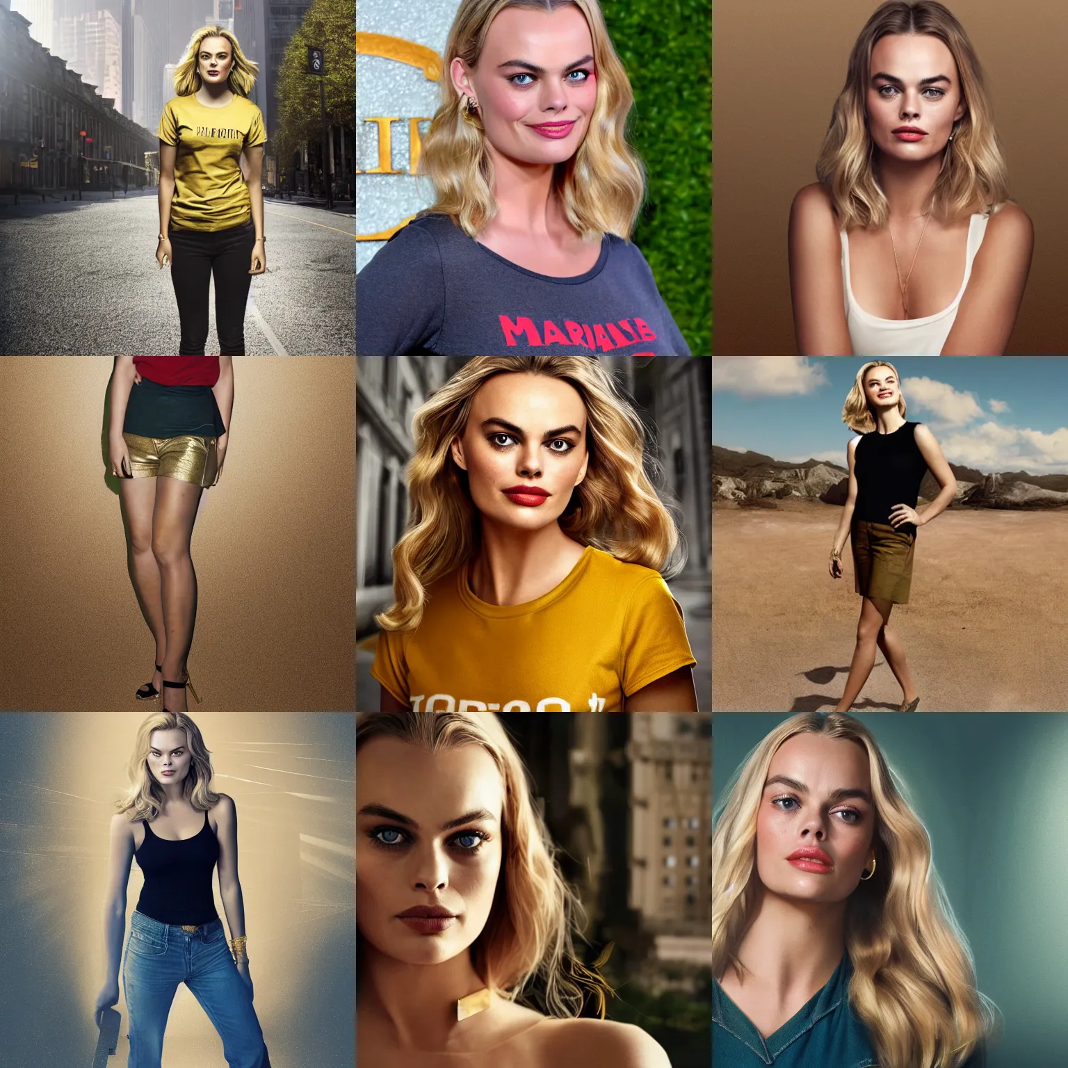 Prompt: Margo Robbie wearing a gold t-shirt, digital matte painting