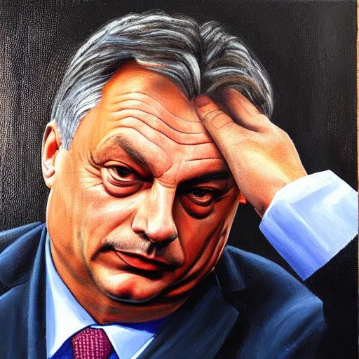 Image similar to viktor orban laying bricks, oil painting