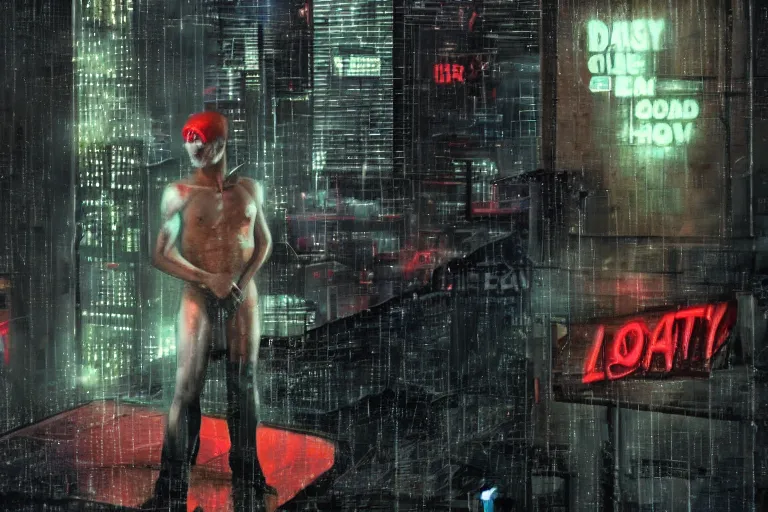 Image similar to roy batty with a bare torso sits in the lotus position with his head bowed in the rain on the roof of a building in the cyberpunk future, around neon signs, a little haze, night, realistic proportions, anime style ghost in armor