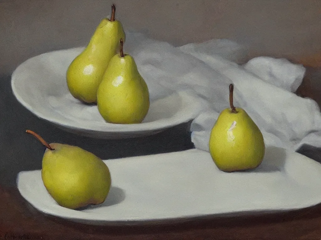 Prompt: classic oil painting, still life of a clockwork pear sitting on a clean white plate