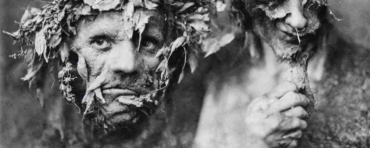 Prompt: 1920s portrait photography of an alpine old farmer transforming into a monster, edelweiss growing out of his face, goat horns on his head