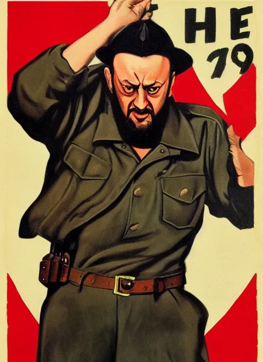 Image similar to Portrait Jean Reno gesture,look of hate, threatening pose, 1940s propaganda poster, full hd,highly detailed