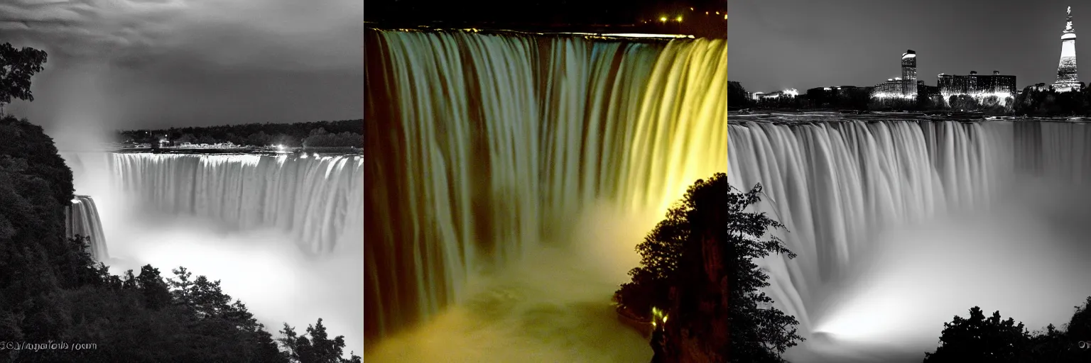 Prompt: Niagara falls huge waterfall at night in the style of Thomas Cole and Ansel Adams