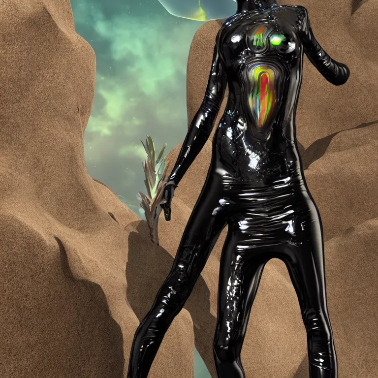 Prompt: octane render portrait by wayne barlow and carlo crivelli and glenn fabry, focus on a woman in a skintight shiny black spacesuit with intricate iridescent metal detailing, covered in bright colorful tropical alien flora in front of a giant photorealistic rocky cliff, cinema 4 d, ray traced lighting, very short depth of field, bokeh